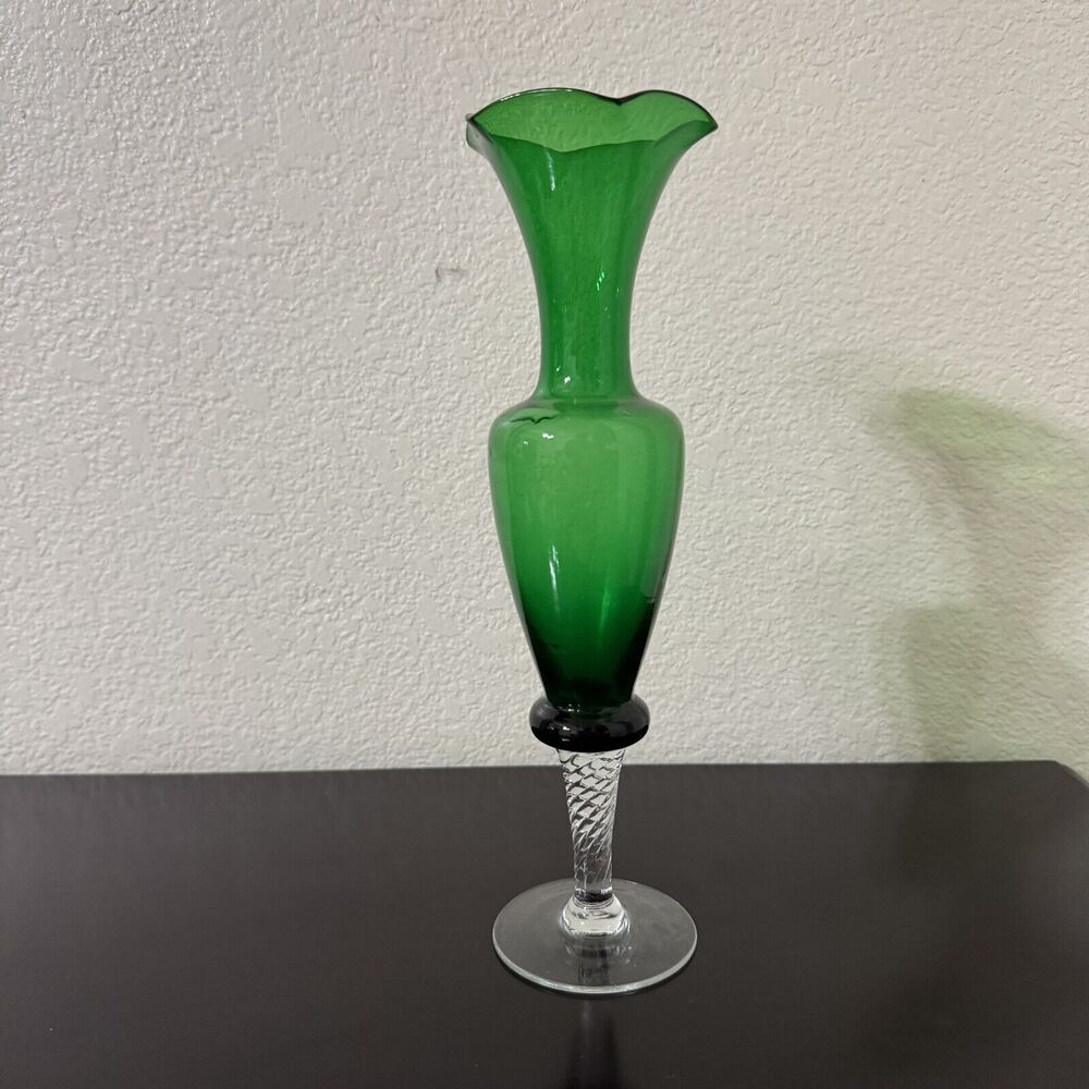 Vintage Green Blown Glass Flower Bud Vase Clear Twisted Stem Scalloped 10 in